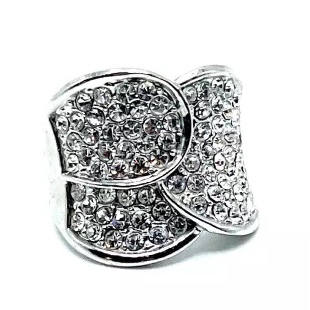 Swarovski Elements Estate Silver Wide Crystal Bypass Cocktail Statement Ring